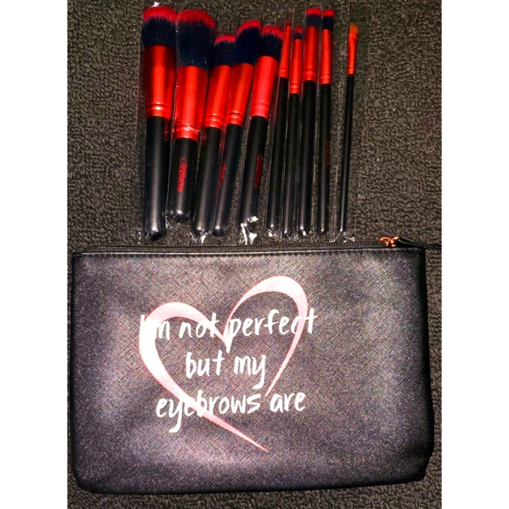 10 PIECE RED MAKEUP BRUSH SET WITH BAG